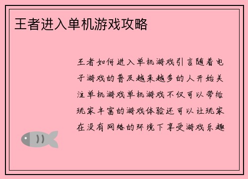 王者进入单机游戏攻略